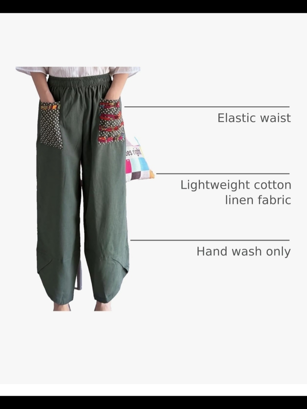 Casual Army Green Cropped Wide-Leg Harem Pants with Patch Pockets - Picture 4 of 5